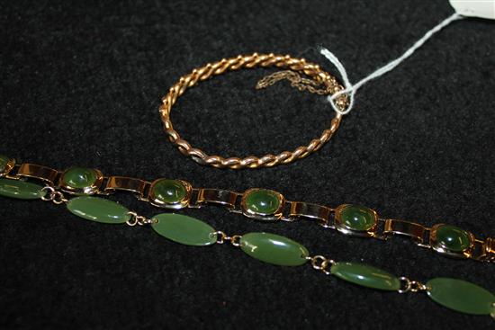 9ct two-colour gold pierced hinged bangle & two jade-set bracelets(-)